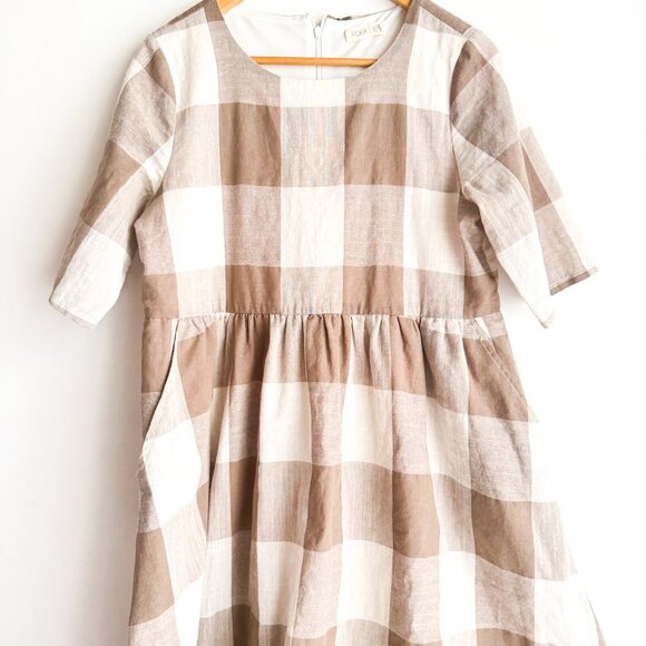 Roolee Buffalo Plaid Beige White Cottage core Dress M - Picture 7 of 8